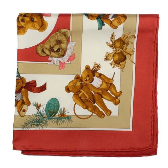 HERMES Vintage Carré 40cm 16” Teddy Bear Red Multicolor Silk Scarf W/Box NWT - Picture 12 of 15